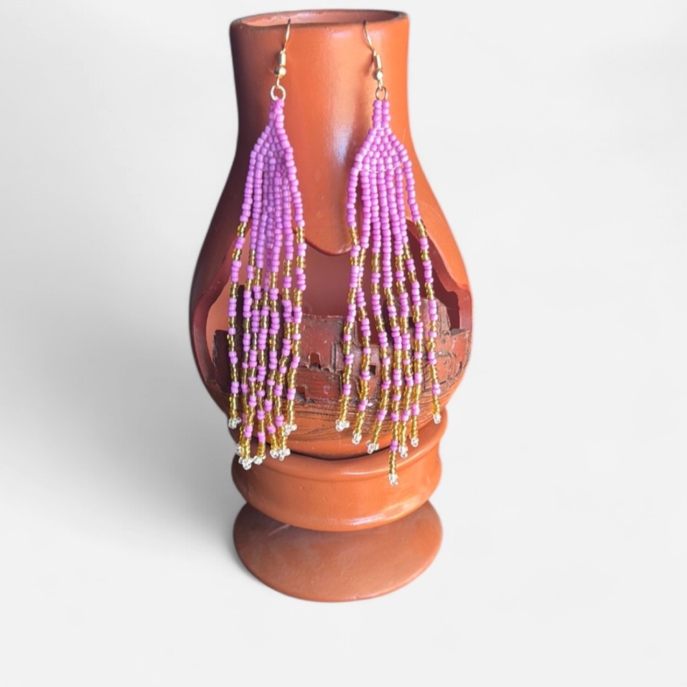 Hand Beaded Seed Bead Earrings - Pink and Gold
